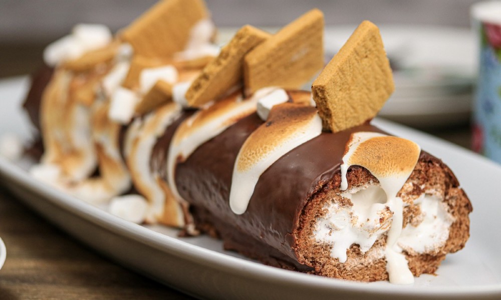 Gluten Free S'mores Chocolate Swiss Roll Recipe Kinnikinnick